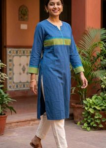 Blue Cotton Kurta with Green Accents