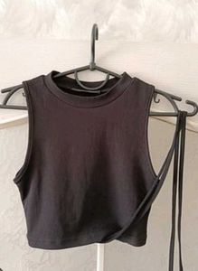 Black Ribbed Crop Top with Tie Detail