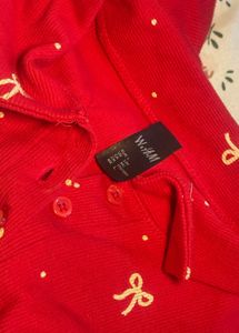 Red Bow Print Collared Top
