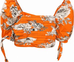 Orange Floral Ruched Puff Sleeve Crop Top
