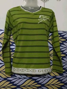 Women V Neck Green Striped Long Sleeve Top