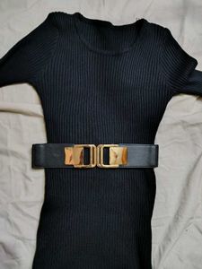 Black Ribbed Knit Dress with Belt