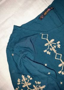 Green Peplum Top With Thread Embroidery
