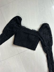 Black Lace Pearl Detail Puff Sleeve Top