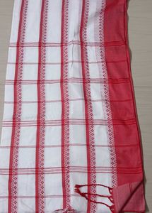 73)Traditional Red White Pure Cotton Saree