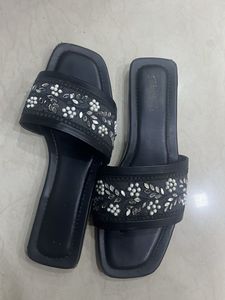 Embellished Black Flat Sandals