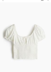 H&M White Smocked Puff Sleeve Top