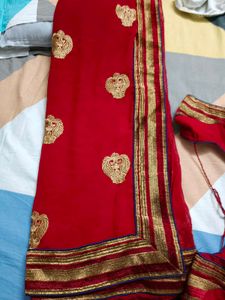 Red saree nd Blouse with Gold Embroidery
