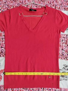 Chic Red V-Neck Top with Stud Detail
