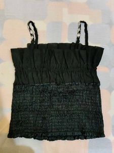 Chic Black Smocked Crop Top with Embellished Strap