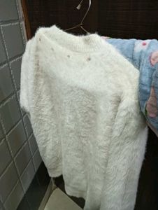 Fluffy White Sweater with Scarf Tie