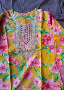 Yellow Floral Print Kurta with Embellished Necklin