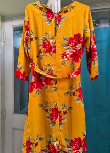 Vibrant Floral Print Yellow Midi Dress