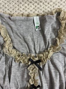Grey Lace Trimmed Long Sleeve Top