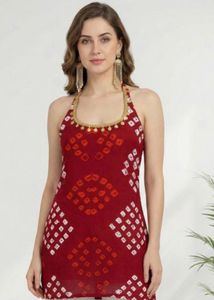 Stylish Red Bandhani Print Halter Neck kurti