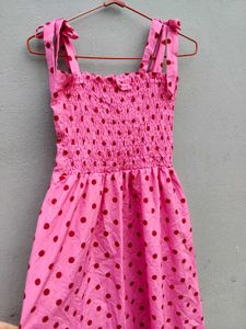 Pink Polka Dot Smocked Midi Dress