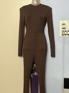 PrettyLittleThings Brown Ribbed Long Sleeve Jumpsu