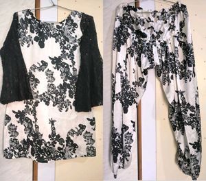 Black &amp; White Floral Satin Kurta Set