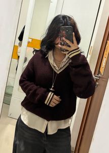 Korean Style Maroon V-Neck Knitted Sweater
