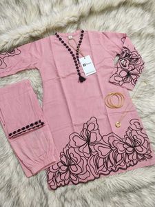 Pink Kurta with Floral Neckline and Pant