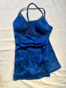 Blue Satin Padded Nighty with Lace Trim