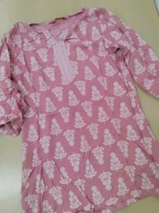 Pink Soft Cotton Printed Short Kurti