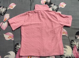 Pink Eyelet Short Sleeve Button-Up Shirt