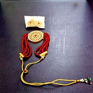 Red Beaded Choker Necklace with Earrings