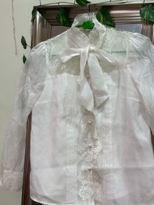 Elegant White Lace Bow Blouse