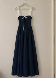 Navy Blue Lace Trimmed Maxi Dress