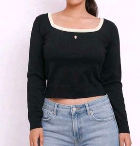 Chic Black Square Neck Long Sleeve Top