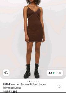 H&amp;M Brown Ribbed Lace Trimmed Dress