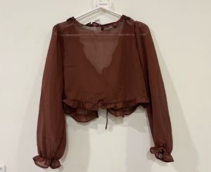 Sheer Tie-Front Frill-Trim Cropped Blouse