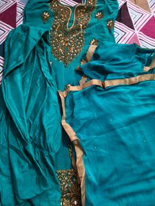 Teal &amp; Gold Embroidered Salwar Kameez