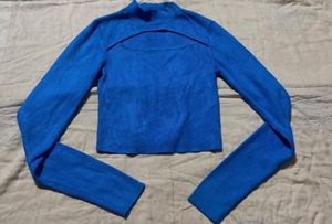 Blue Cut-Out Mock Neck Long Sleeve Crop Top