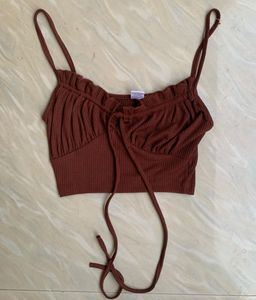 Cute Brown Ribbed Tie-Front Crop Top