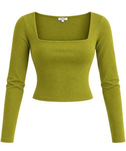 Green Square Neck Long Sleeve Top