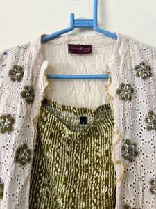 Ethnic White &amp; Olive dress with detachable jacket