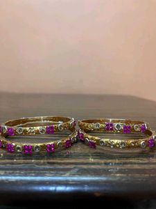 Gold & Pink Beaded Bangles - Set of 4