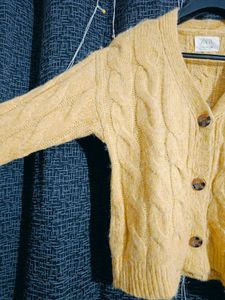 New Zara Yellow Chunky Knit Cardigan Sweater.