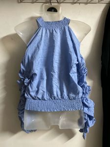 Blue Cold Shoulder Ruffle Sleeve Top