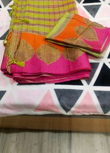 Green N Pink Saree with stiched blouse