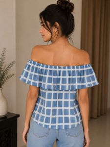 Blue &amp; White Checkered Off-Shoulder Top