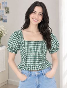 Chic Green Gingham Smocked Top