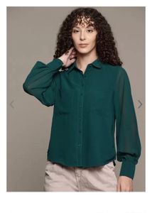 Elegant Green Sheer Blouse with Balloon Sleeves