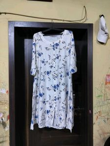 White Kurta with Blue Floral Print