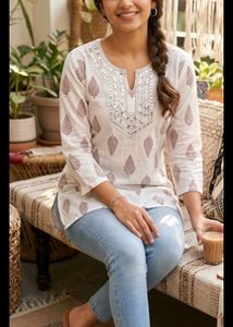 White Kurta with Brown Leaf Print