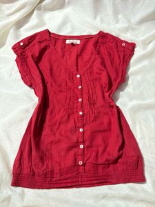 Red Button-Up Short Sleeve Blouse
