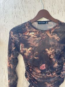 Sheer Mesh Ruched Long Sleeve Top