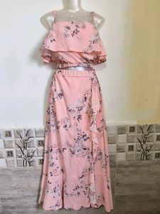 Peach Floral Printed Two-Piece Set for Women